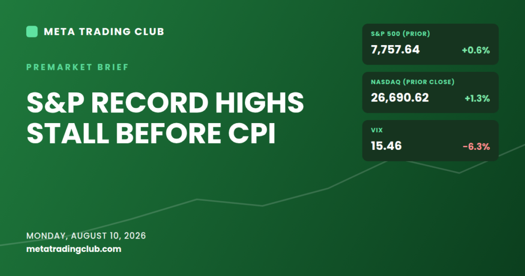 Meta Trading Club premarket brief for August 10, 2026: S&P record highs stall before CPI