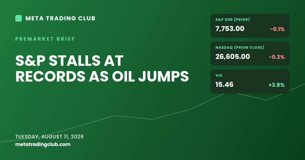 Meta Trading Club premarket brief for August 11, 2026: S&P stalls at records as oil jumps
