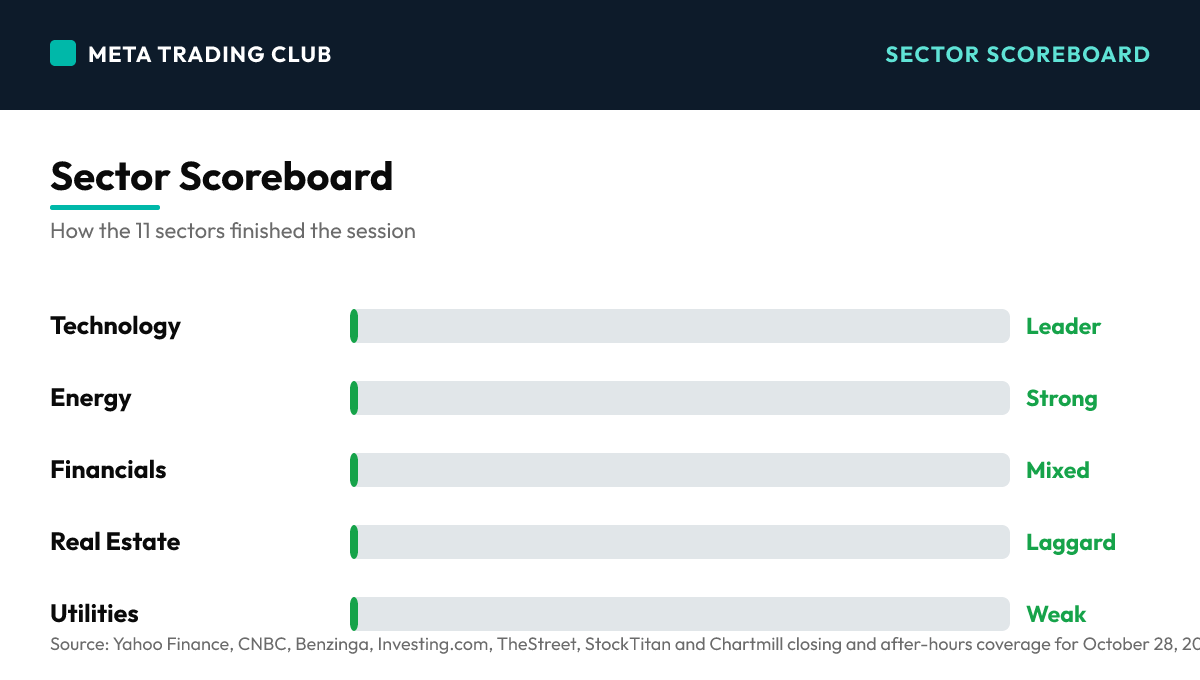 Sector performance scoreboard Wednesday, October 28, 2026