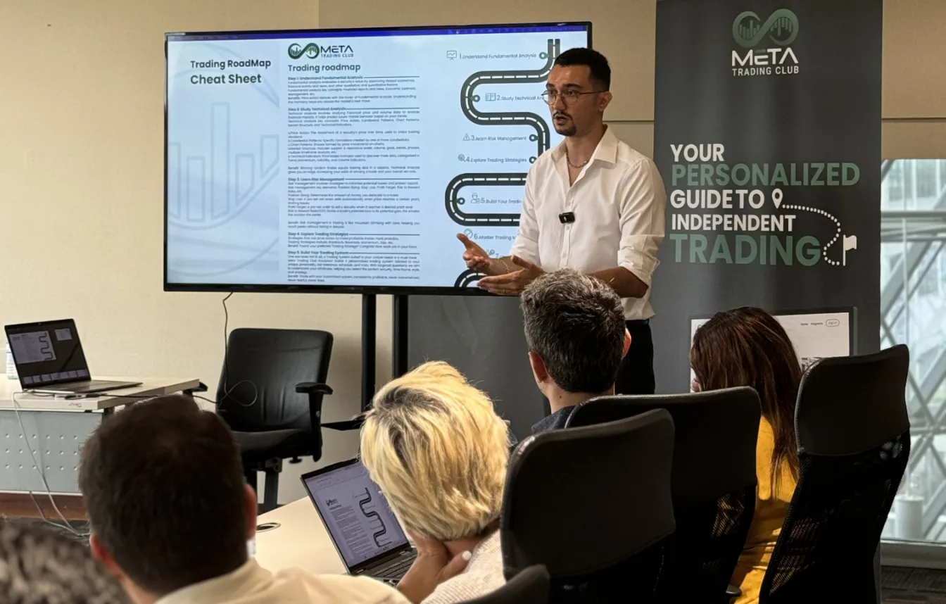 Shahryar Rahmani presenting a trading chart cheat sheet to a room of attendees